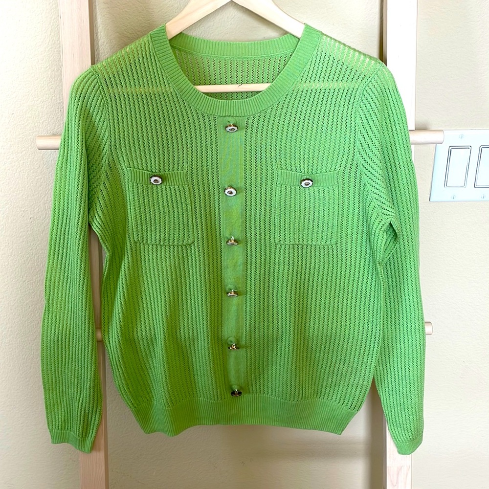 Green Round Neck Openwork Pullover - image 1